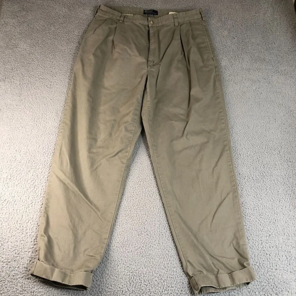 Polo by Ralph Lauren Pants Mens 36x30 Brown Cuffed Khaki Preppy Pleated Classic